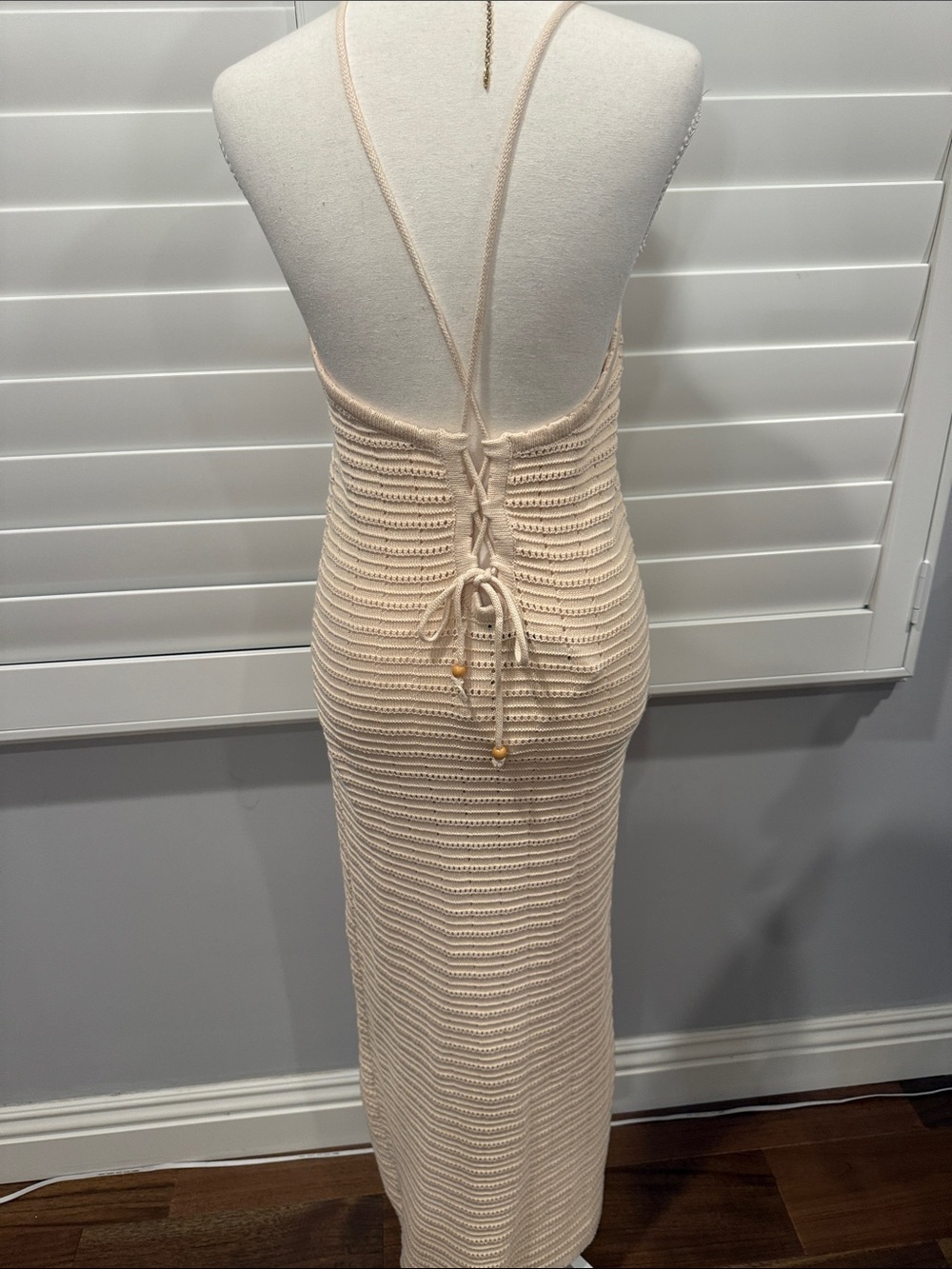 NWT Cream Crochet Halter Maxi Dress with Sleek Silhouette - Picture 4 of 6